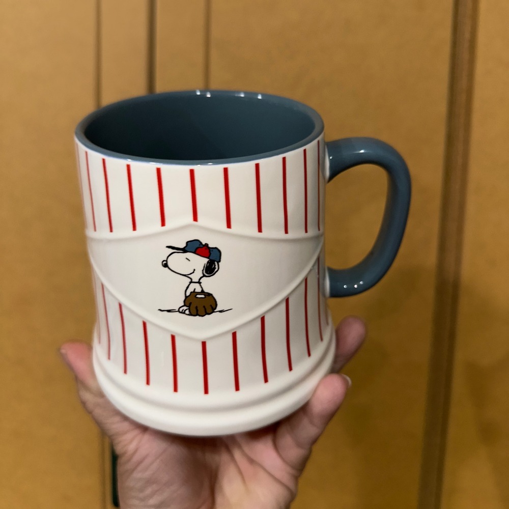 Peanuts Snoopy Baseball Play Ball Pinstripe Ceramic Coffee Mug White Red Blue